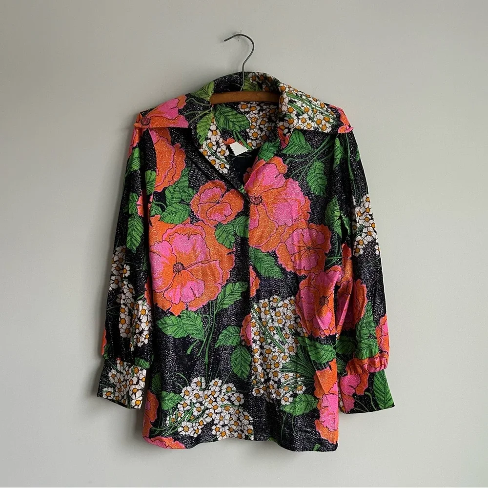 Vintage 70s Elaine Sklar Lingerie Co Metallic Floral Print 2 Piece Lounge Set M - Picture 2 of 11